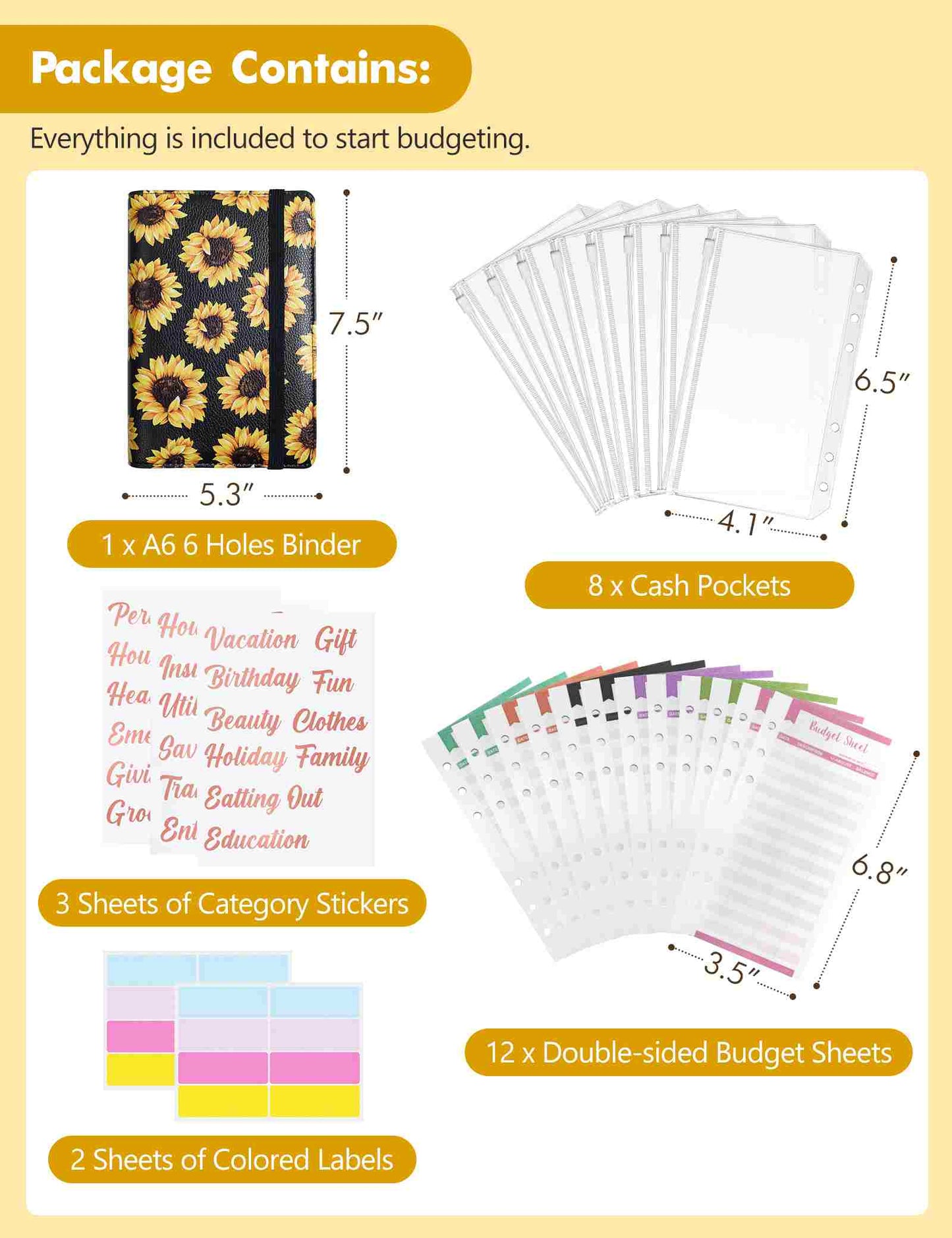 A6 Budget Binder for Money Saving Binder 8 Cash Pockets (Black Sunflower)