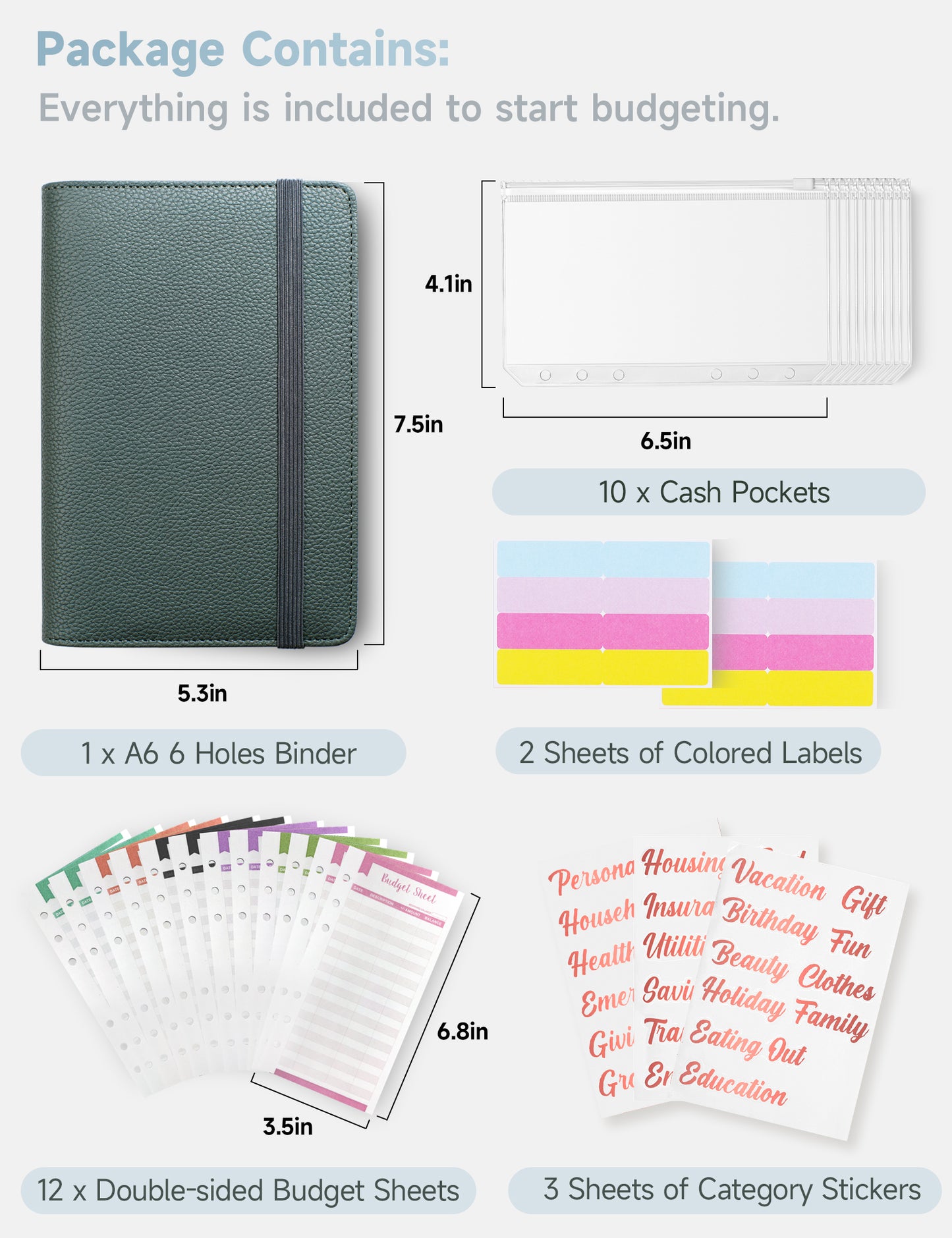 A6 Budget Binder for Money Saving Binder 10 Cash Pockets (Grey Green)