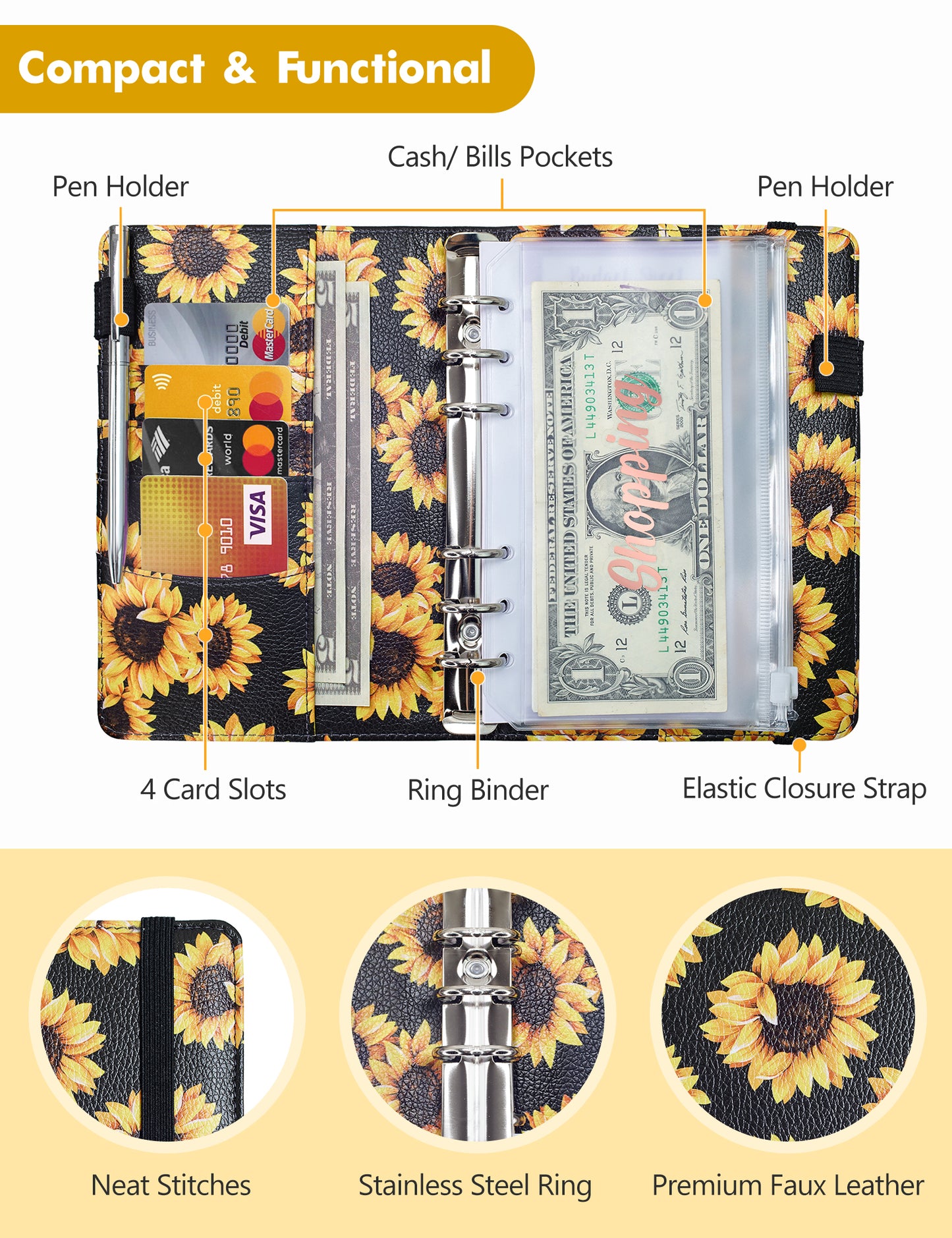A6 Budget Binder for Money Saving Binder 8 Cash Pockets (Black Sunflower)