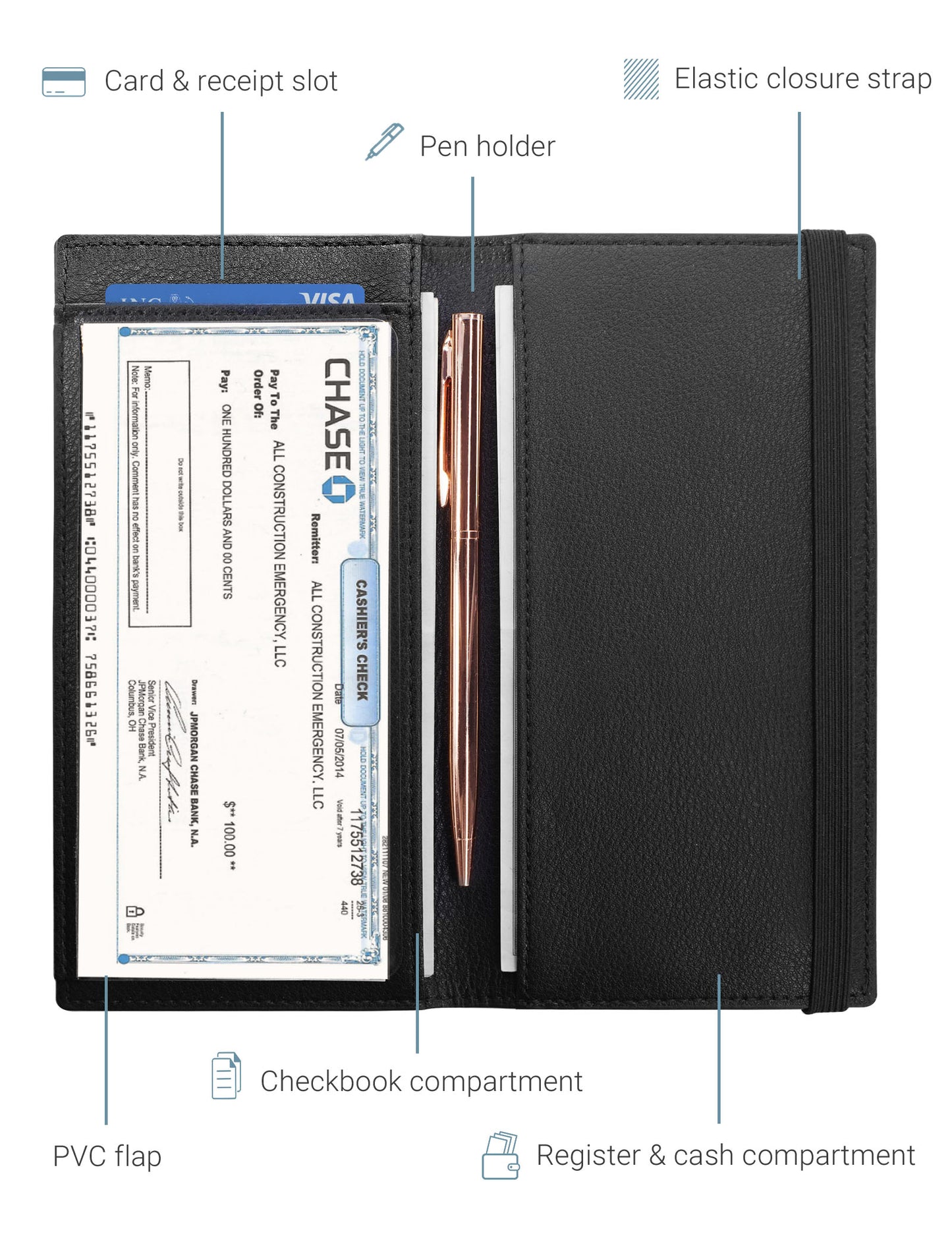 7"x3.5" Black Vegan Leather Checkbook Cover