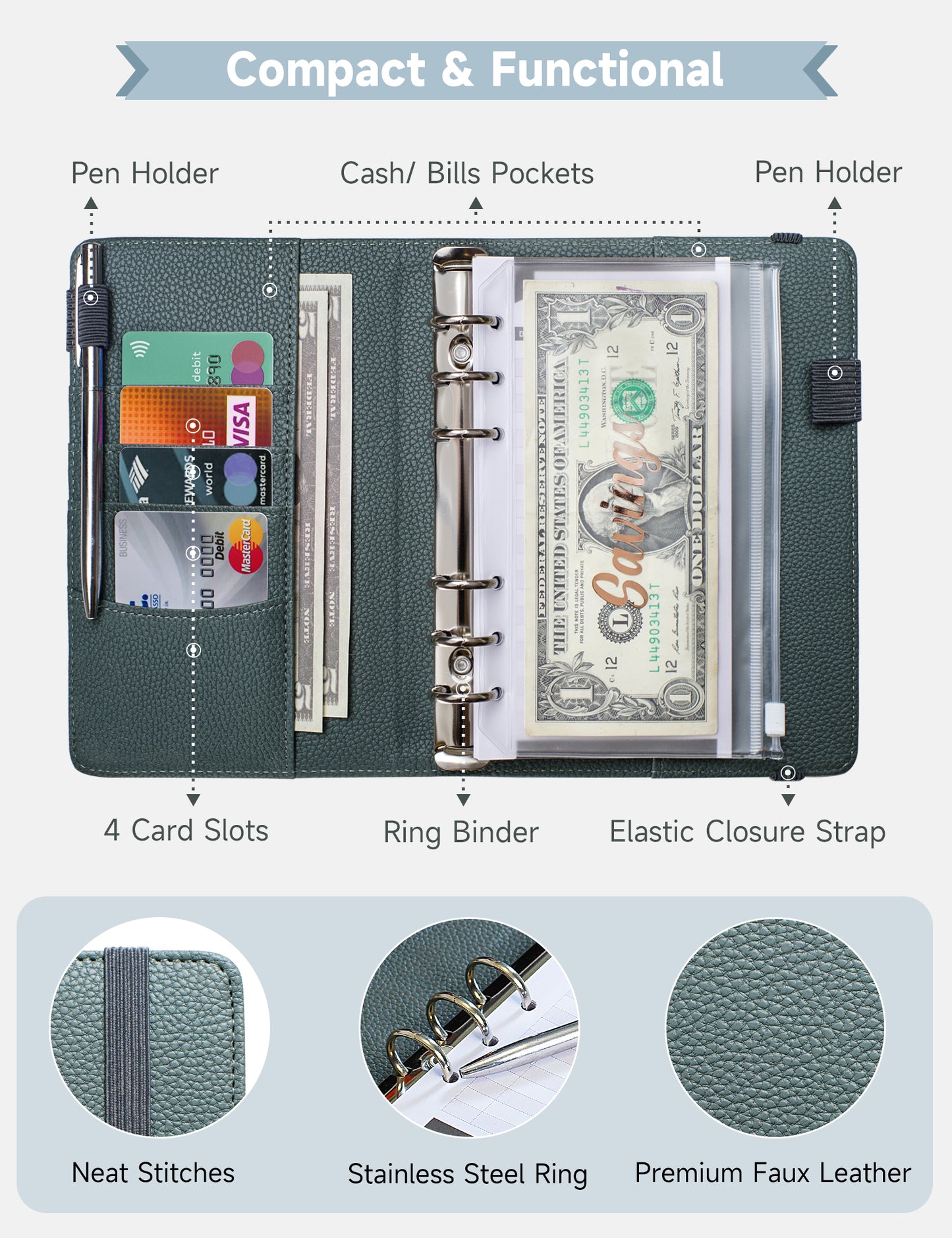 A6 Budget Binder for Money Saving Binder 10 Cash Pockets (Grey Green)