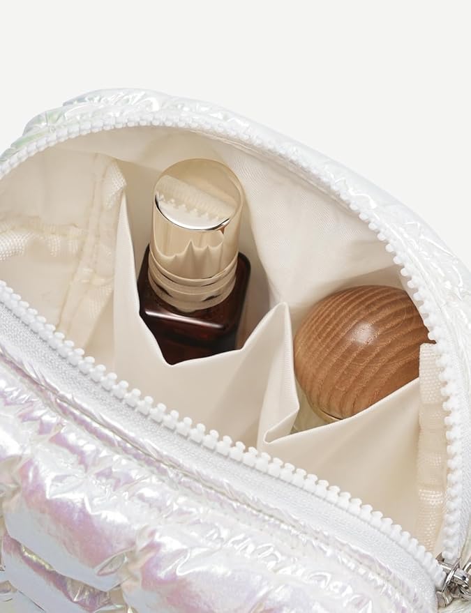 Iridescent White Quilted Makeup Bag