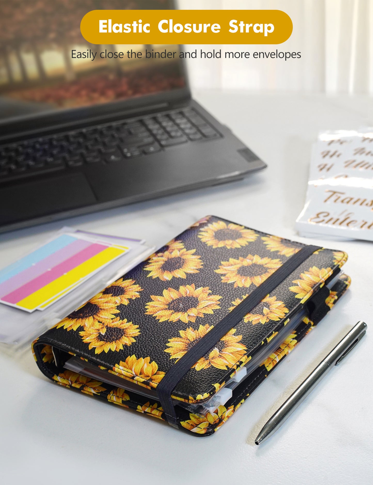 A6 Budget Binder for Money Saving Binder 8 Cash Pockets (Black Sunflower)