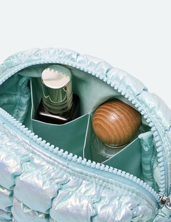 Iridescent Blue Quilted Makeup Bag