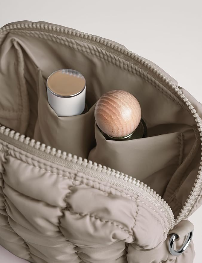 Taupe Quilted Makeup Bag – Travel Cosmetic Pouch for Purse & Toiletries