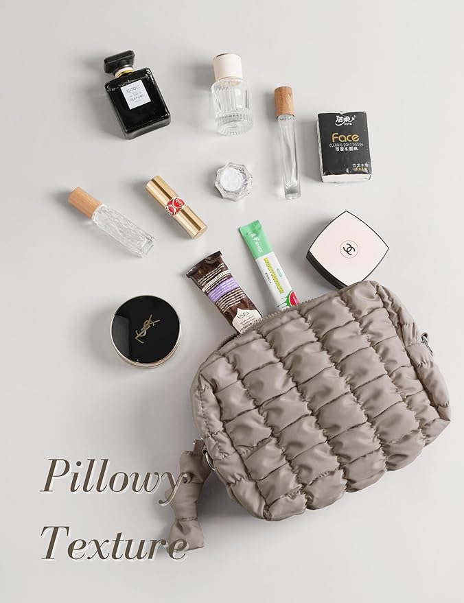 Taupe Quilted Makeup Bag – Travel Cosmetic Pouch for Purse & Toiletries