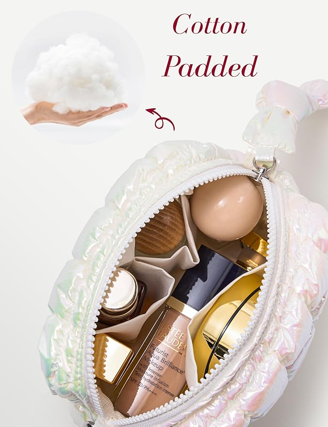 Iridescent White Quilted Makeup Bag