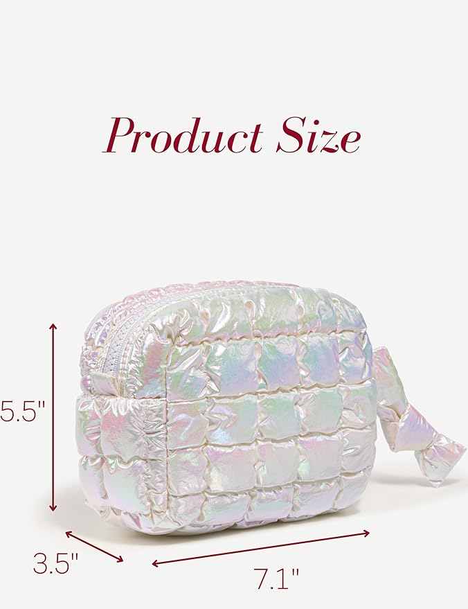 Iridescent White Quilted Makeup Bag