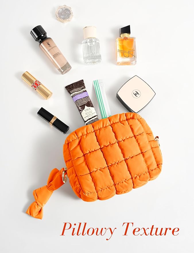 Orange Quilted Makeup Bag