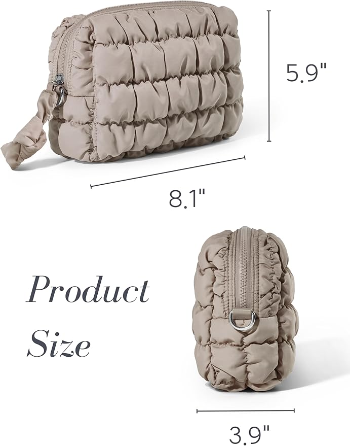 Taupe Quilted Makeup Bag – Travel Cosmetic Pouch for Purse & Toiletries