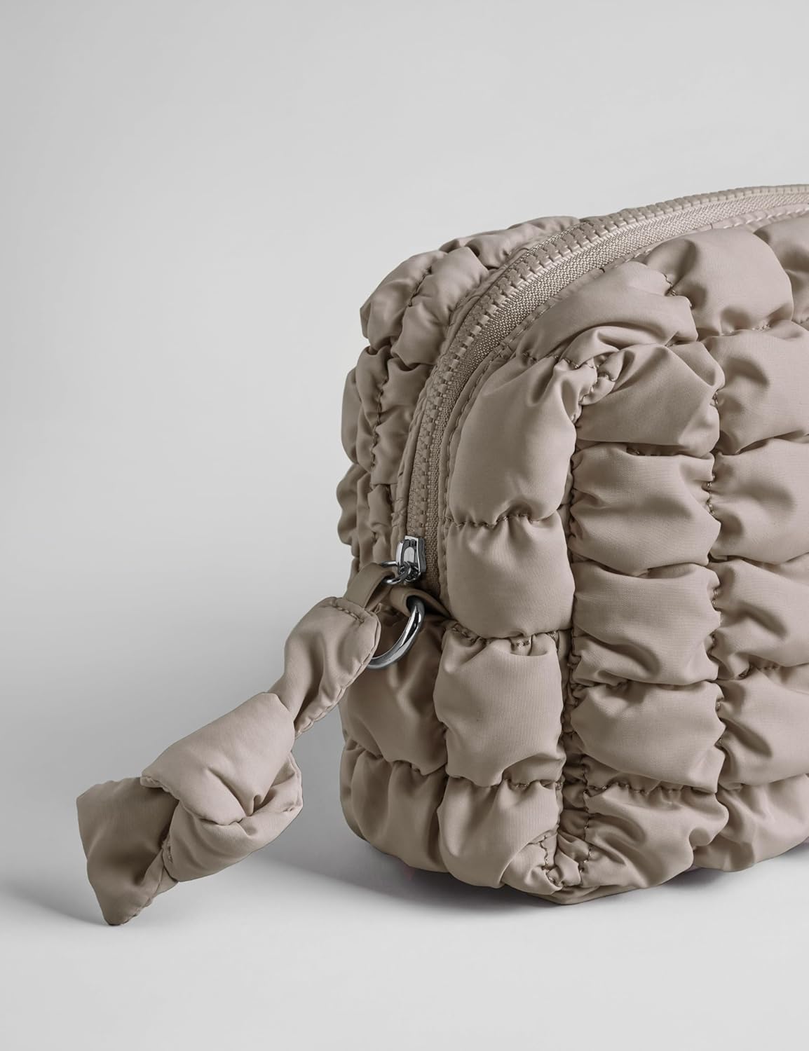 Taupe Quilted Makeup Bag – Travel Cosmetic Pouch for Purse & Toiletries