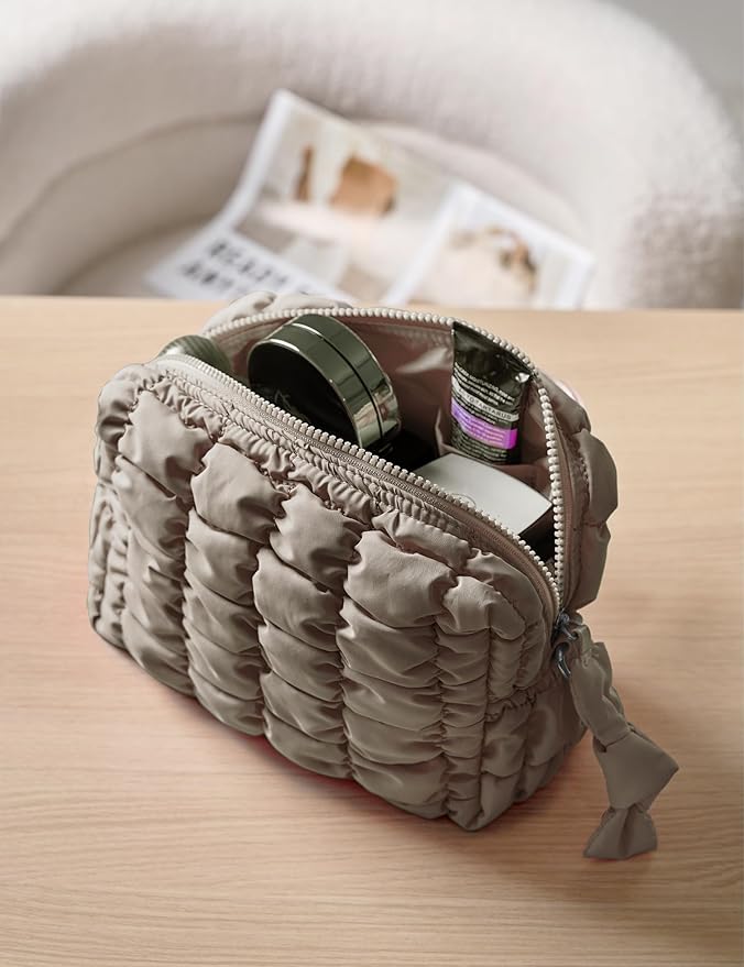 Taupe Quilted Makeup Bag – Travel Cosmetic Pouch for Purse & Toiletries
