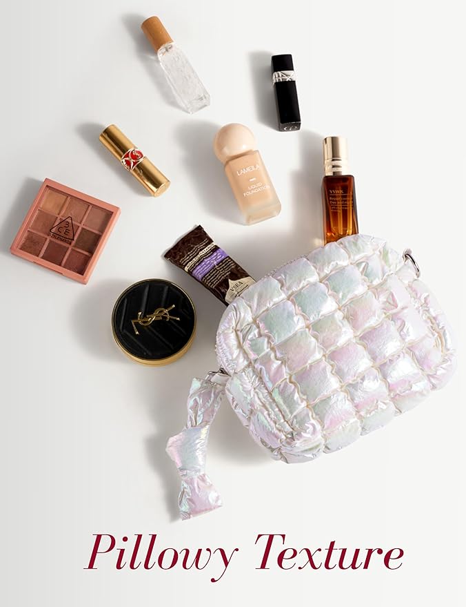 Iridescent White Quilted Makeup Bag
