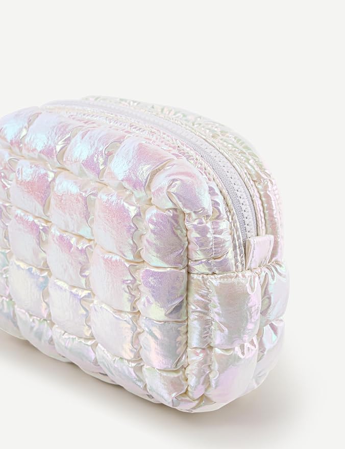 Iridescent White Quilted Makeup Bag