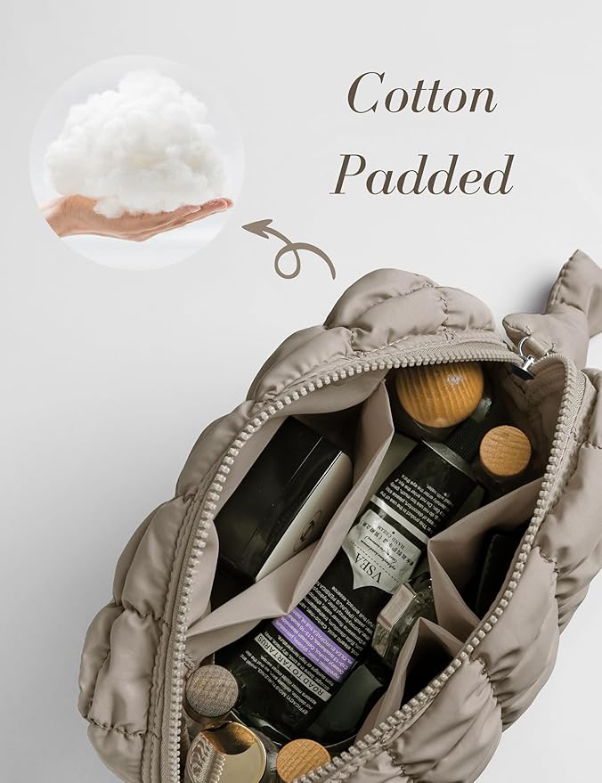 Taupe Quilted Makeup Bag – Travel Cosmetic Pouch for Purse & Toiletries