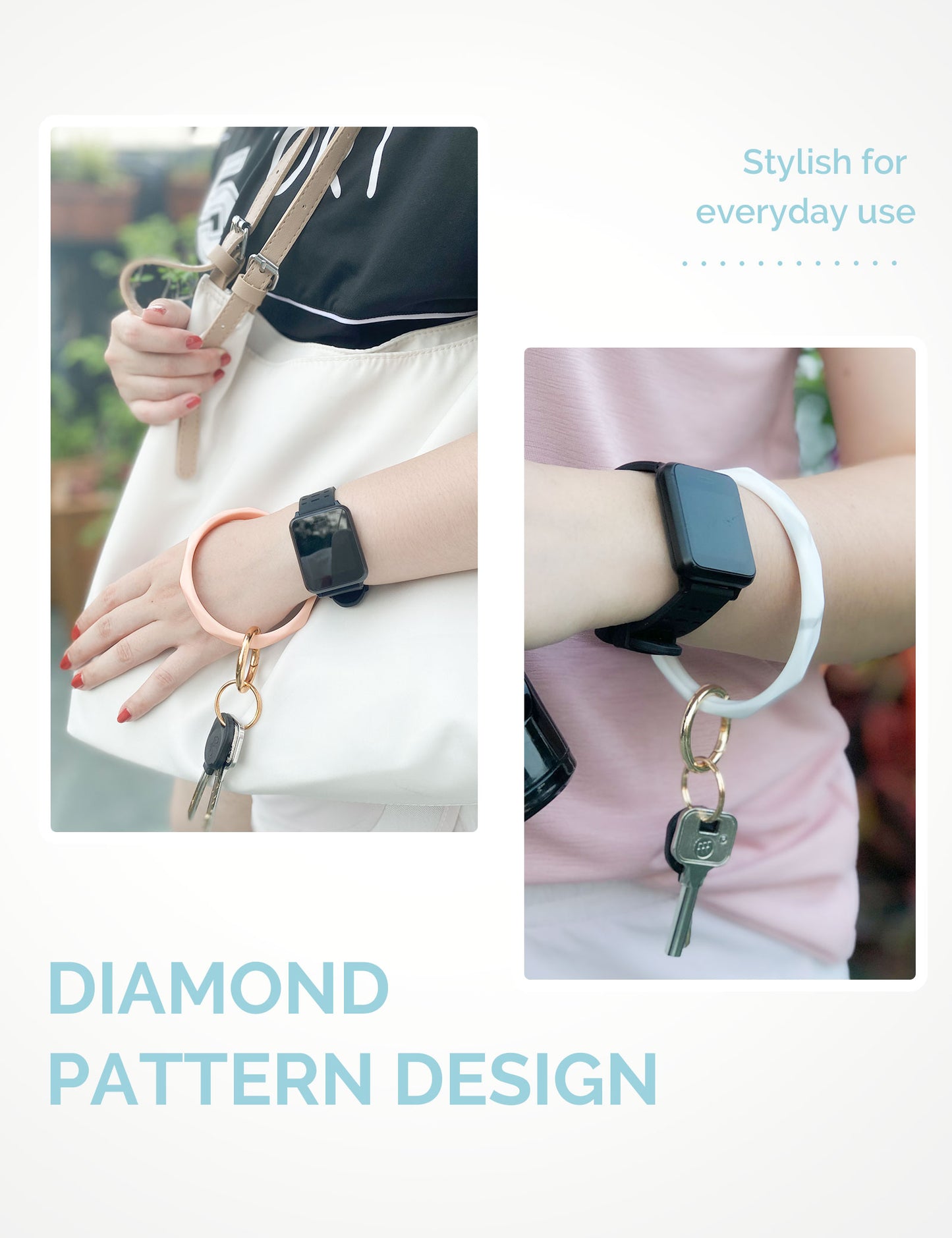 2.95" Silicone Key Ring Bracelet (Green&Marble White&Pink)