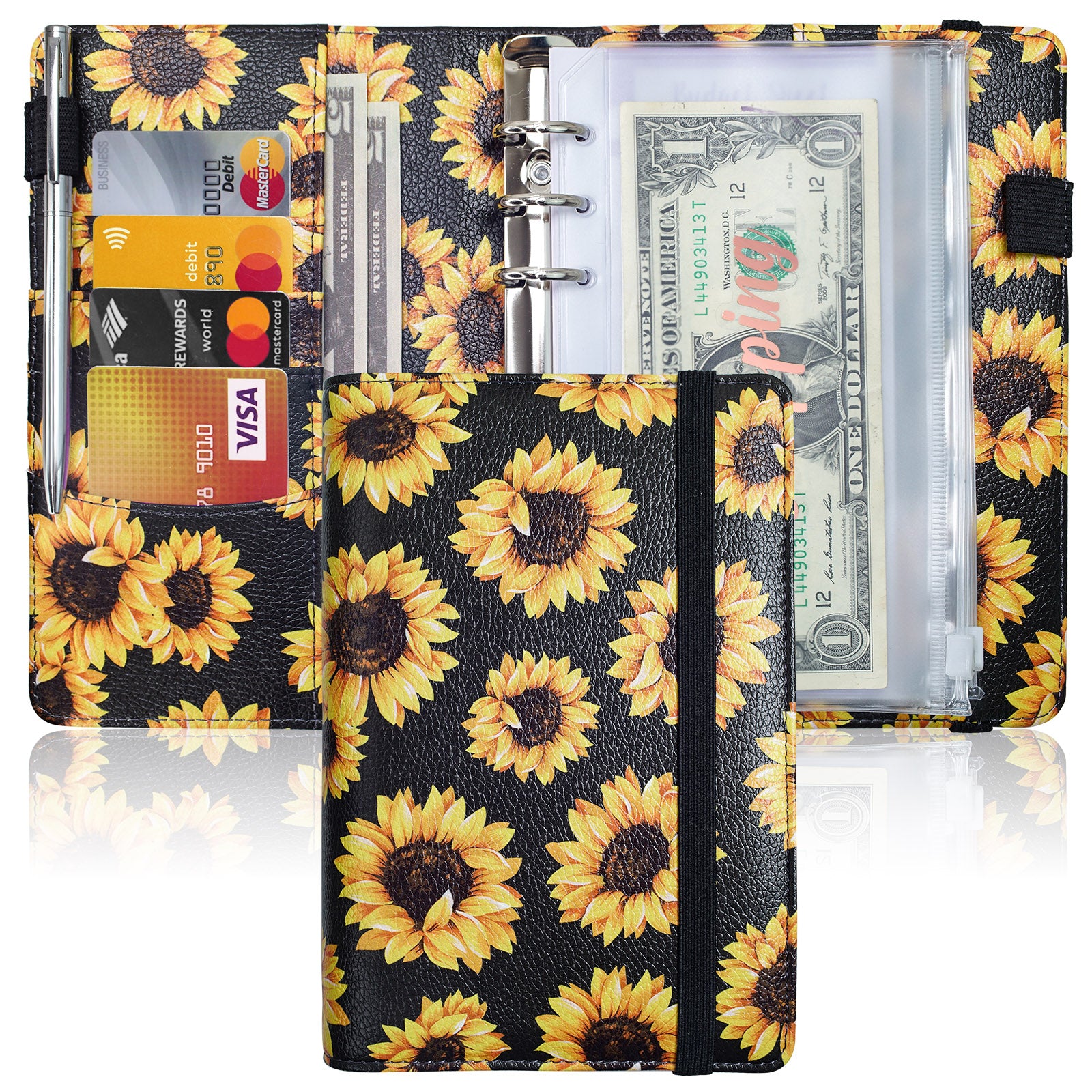 A6 Budget Binder for Money Saving Binder 8 Cash Pockets (Black Sunflower)