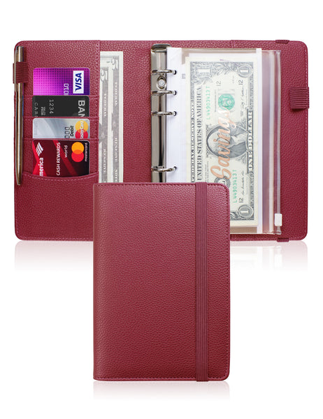 A6 Budget Binder for Money Saving Binder 10 Cash Pockets (Dark Red)