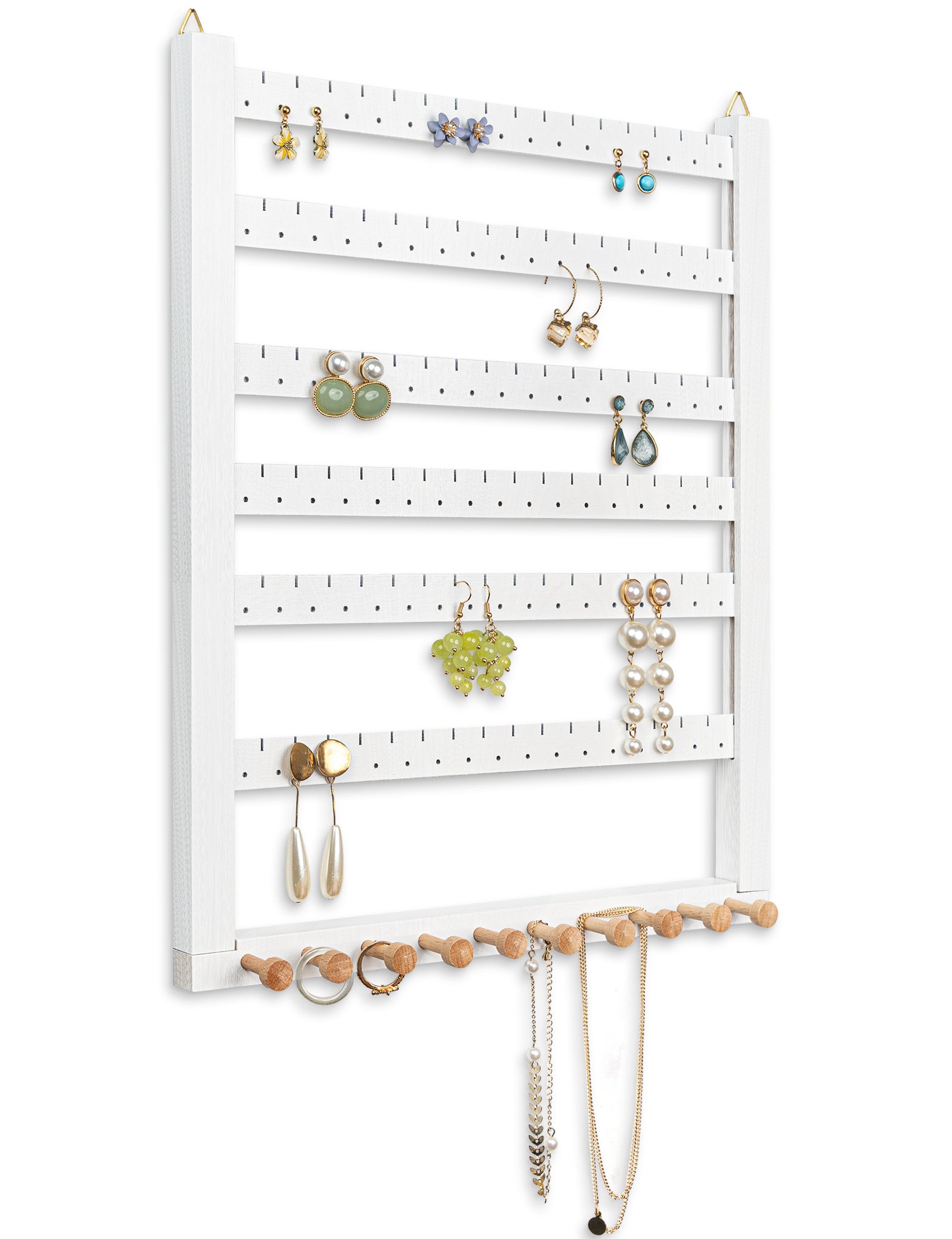 Jewelry Display Earring Organizer, Hanging, Peruvian Walnut, Wood. Holds 36  Pairs, 15 Peg Necklace Holder. Wall Mounted Jewelry Holder 