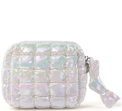Iridescent White Quilted Makeup Bag