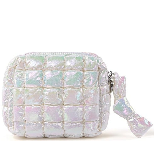 Iridescent White Quilted Makeup Bag