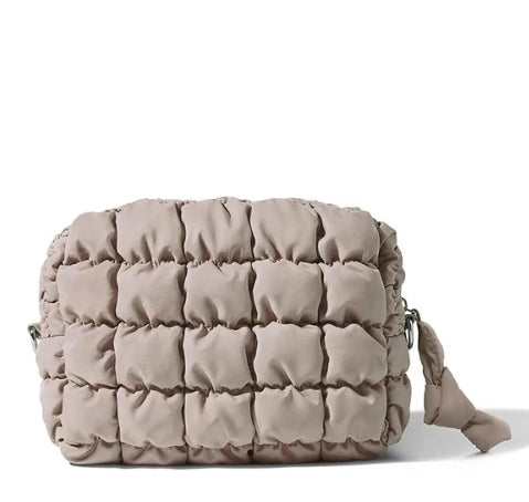 Taupe Quilted Makeup Bag – Travel Cosmetic Pouch for Purse & Toiletries