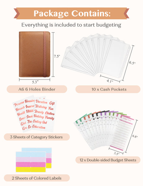 A6 Budget Binder for Money Saving Binder 10 Cash Pockets (Tan)