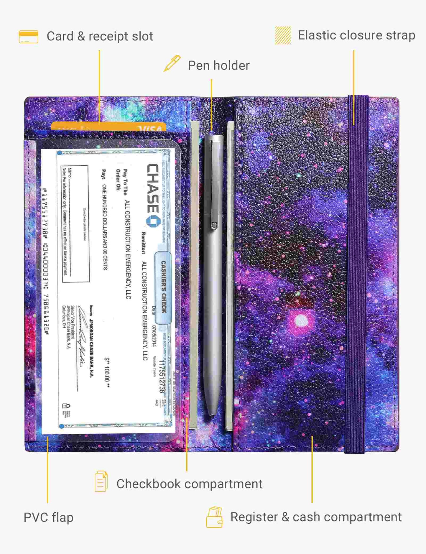 7"x3.5" Starry Vegan Leather Checkbook Cover