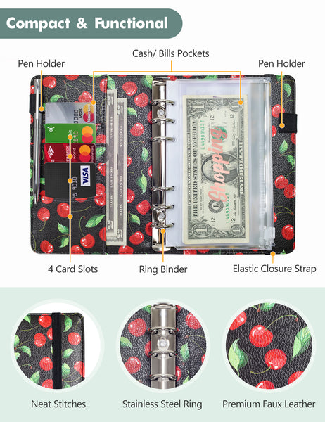 A6 Budget Binder for Money Saving Binder 8 Cash Pockets (Red Cherry)