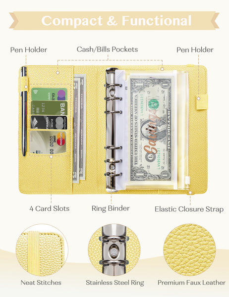 A6 Budget Binder for Money Saving Binder 10 Cash Pockets (Yellow)