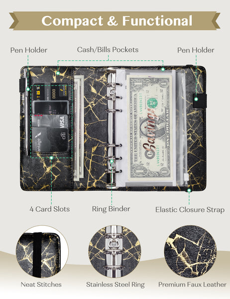 A6 Budget Binder for Money Saving Binder 8 Cash Pockets (Marble Black & Gold)
