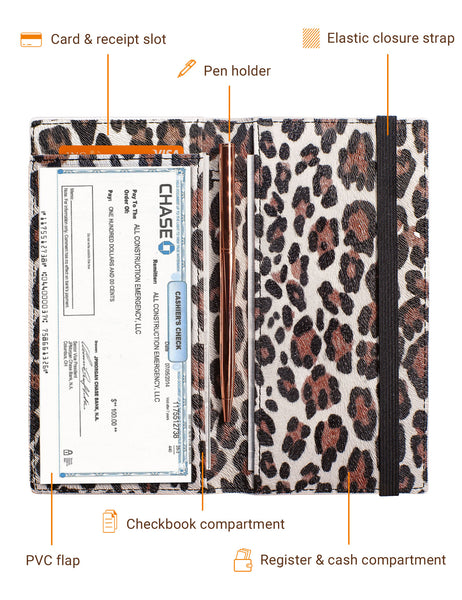 7"x3.5" Light Leopard Vegan Leather Checkbook Cover