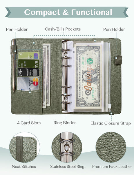 A6 Budget Binder for Money Saving Binder 10 Cash Pockets (Avocado Green)