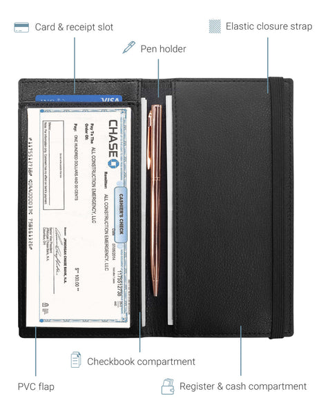 7"x3.5" Black Vegan Leather Checkbook Cover