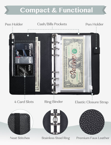A6 Budget Binder for Money Saving Binder 10 Cash Pockets (Black)