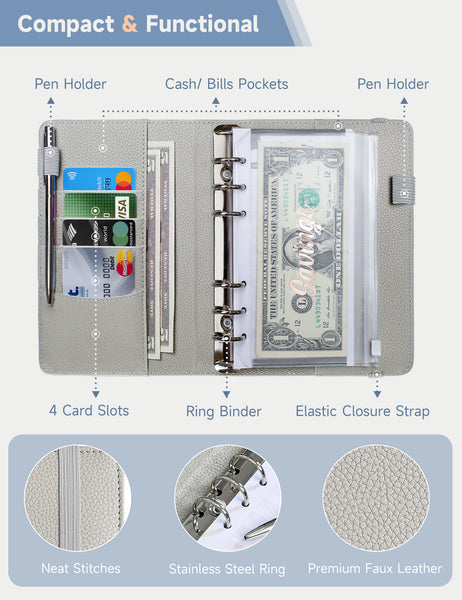 A6 Budget Binder for Money Saving Binder 10 Cash Pockets (Grey)