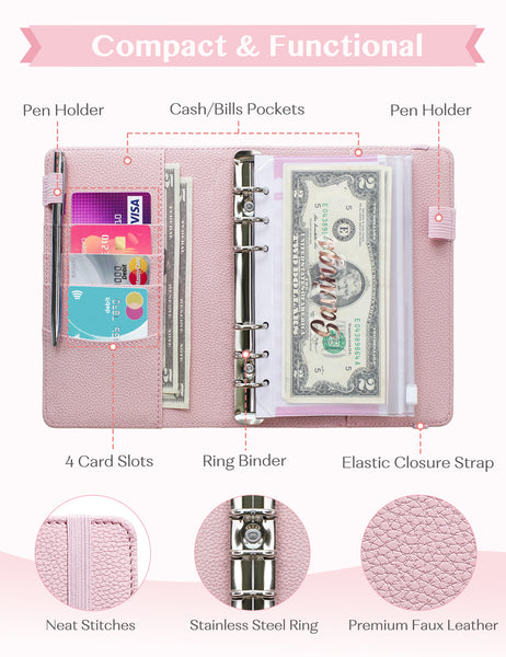 A6 Budget Binder for Money Saving Binder 10 Cash Pockets (Pink)
