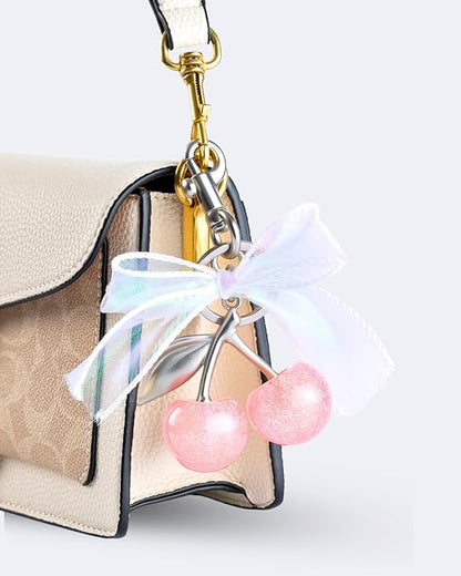 Cherry & Handmade Bow Bag Charms（Pink & Sliver)