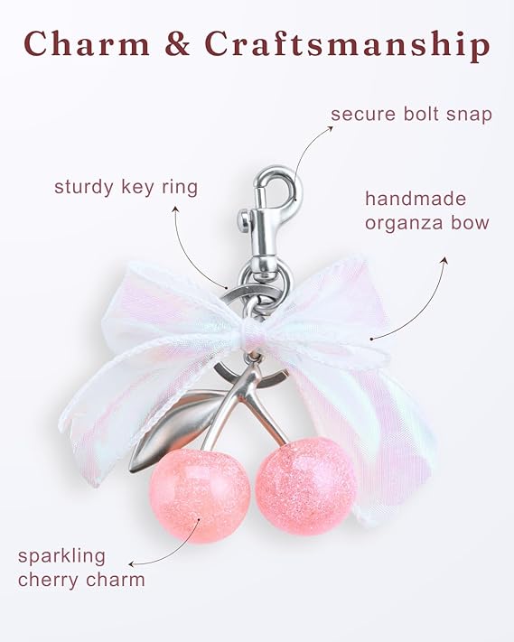 Cherry & Handmade Bow Bag Charms（Pink & Sliver)