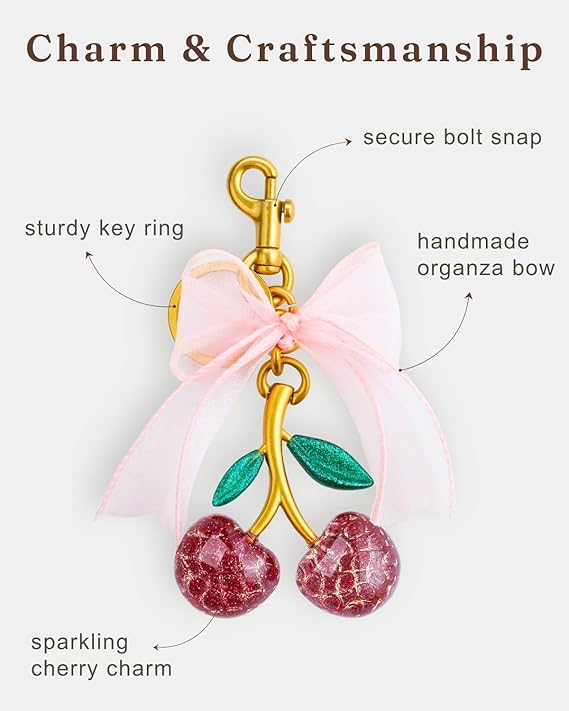 Cherry & Handmade Bow Bag Charms（Pink&Gold)