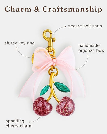 Cherry & Handmade Bow Bag Charms（Pink&Gold)