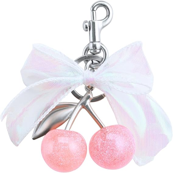 Cherry & Handmade Bow Bag Charms（Pink & Sliver)