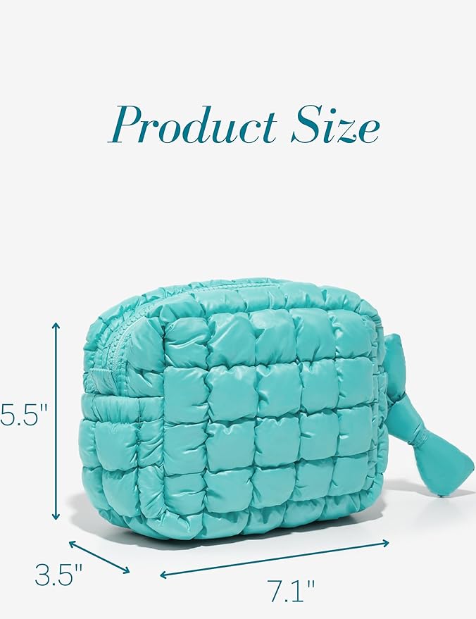 Turquoise Quilted Makeup Bag –  Travel Cosmetic Pouch for Purse & Toiletries