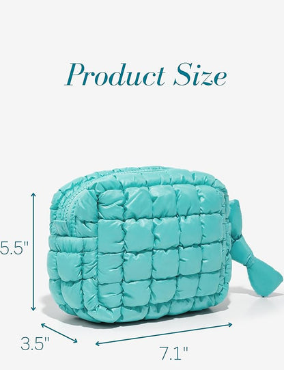 Turquoise Quilted Makeup Bag –  Travel Cosmetic Pouch for Purse & Toiletries