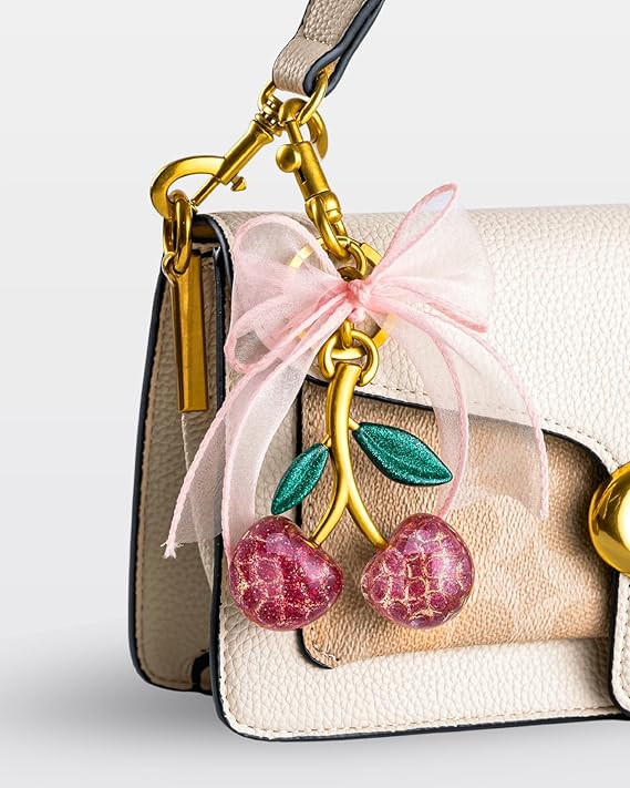 Cherry & Handmade Bow Bag Charms（Pink&Gold)