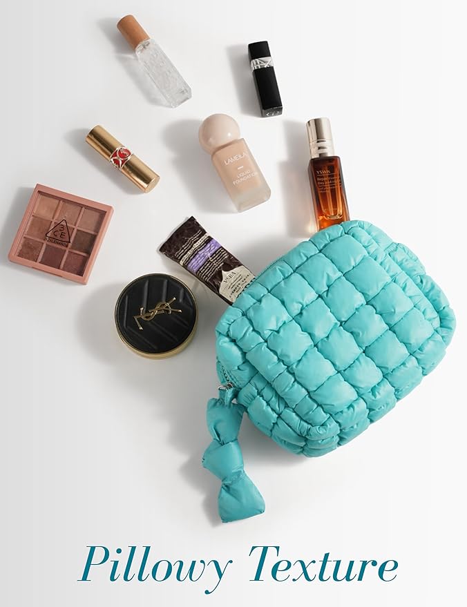 Turquoise Quilted Makeup Bag –  Travel Cosmetic Pouch for Purse & Toiletries