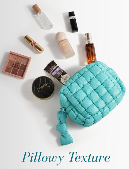 Turquoise Quilted Makeup Bag –  Travel Cosmetic Pouch for Purse & Toiletries
