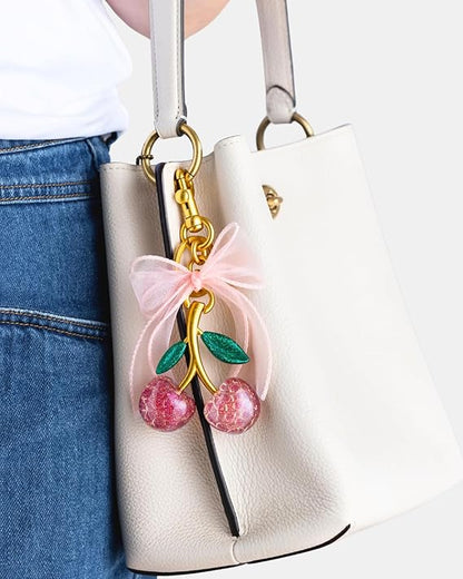Cherry & Handmade Bow Bag Charms（Pink&Gold)