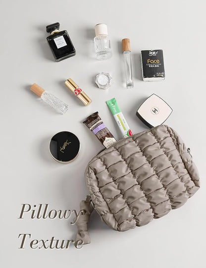 Taupe Quilted Makeup Bag – Travel Cosmetic Pouch for Purse & Toiletries