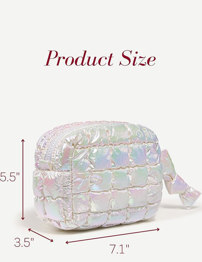 Iridescent White Quilted Makeup Bag